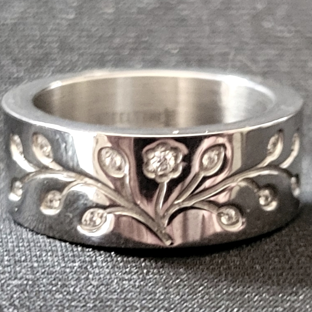 Steeltime stainless steel Tree Of Life silver band ring with simulated diamonds.
